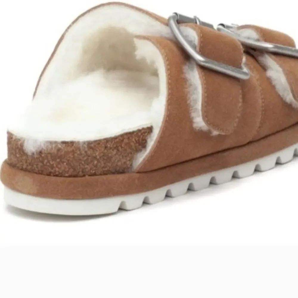 Anthropology J/Slides Lynx Cognac Suede Shearling Fur Lined Double Buckle Slides